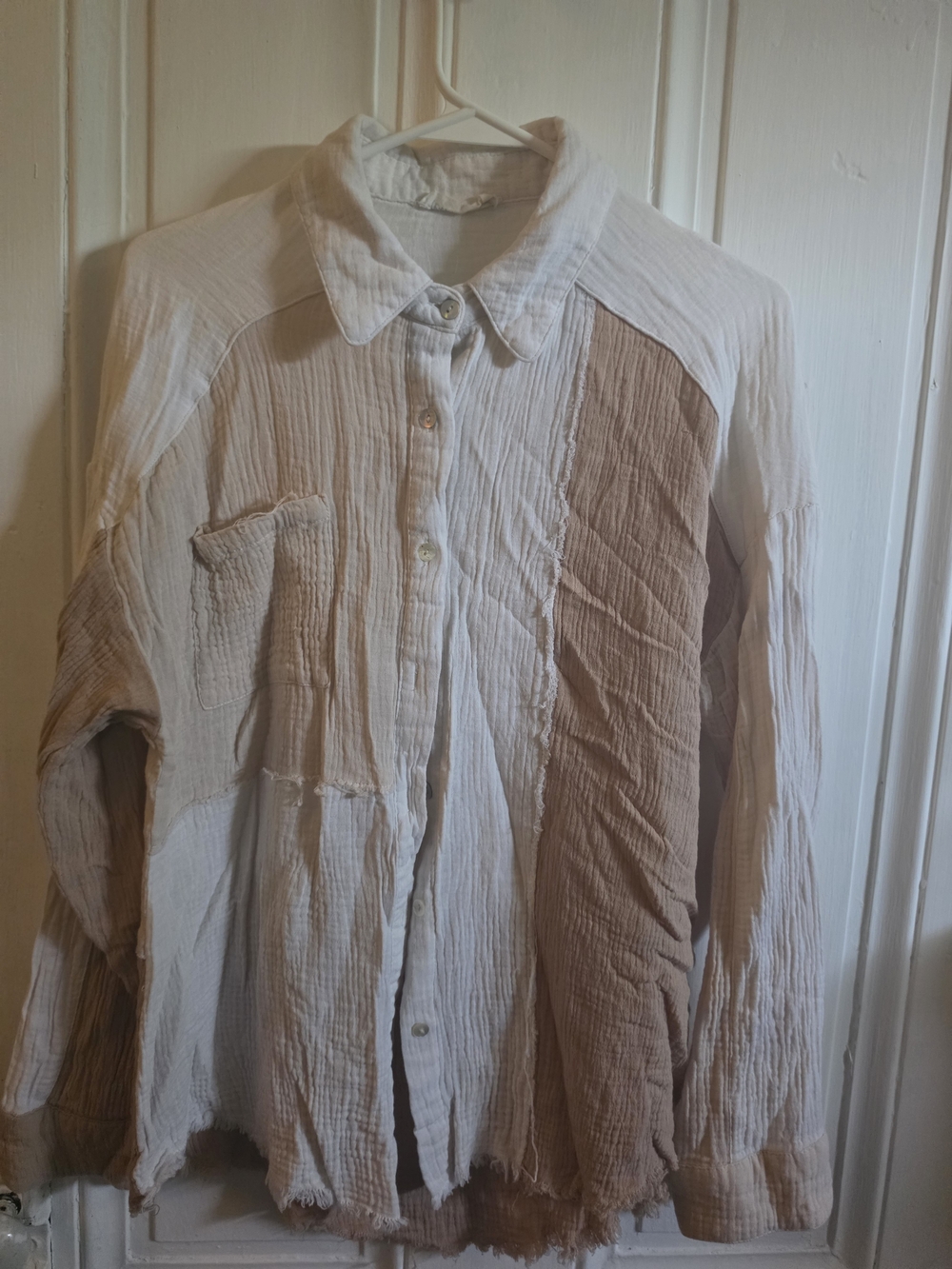 Patchwork Button-Down Shirt in Cream and Tan